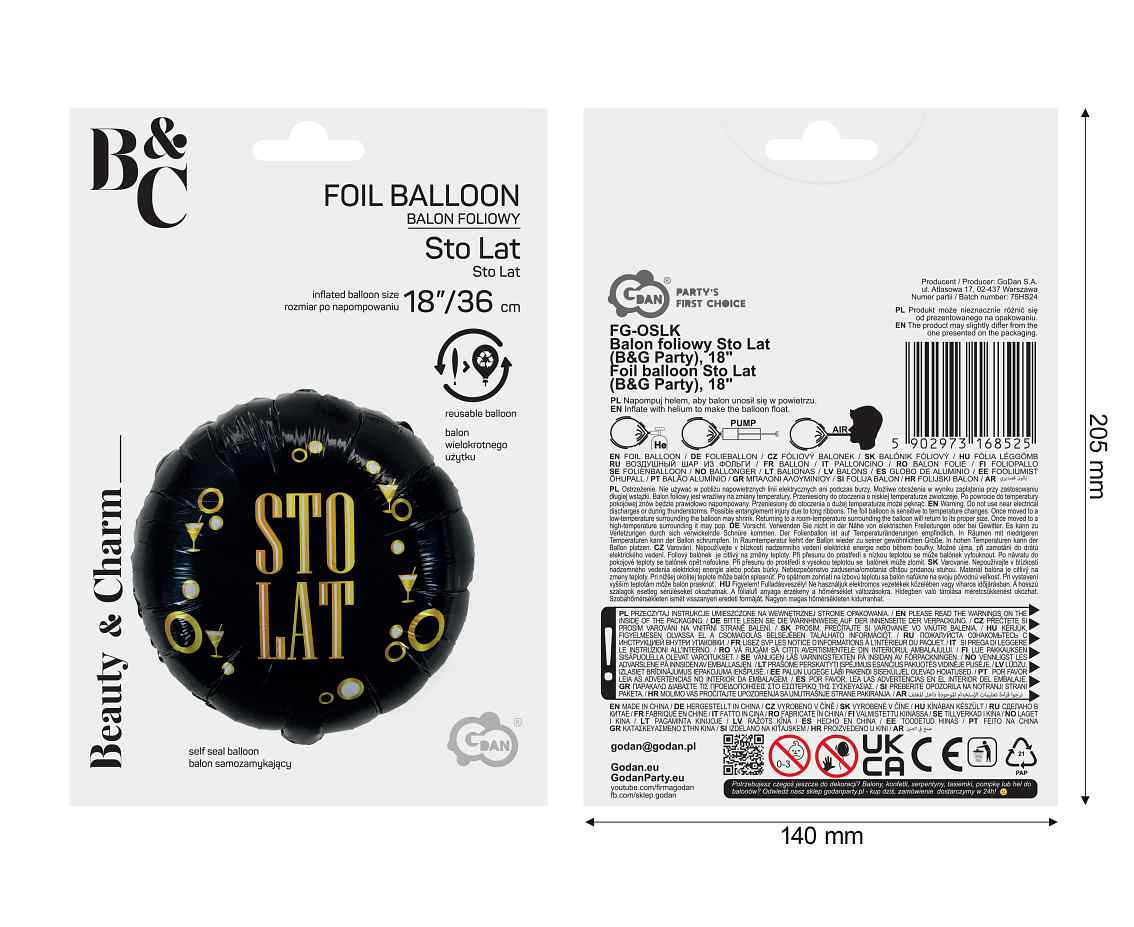 Foil balloon Sto Lat (B&G Party), 18"